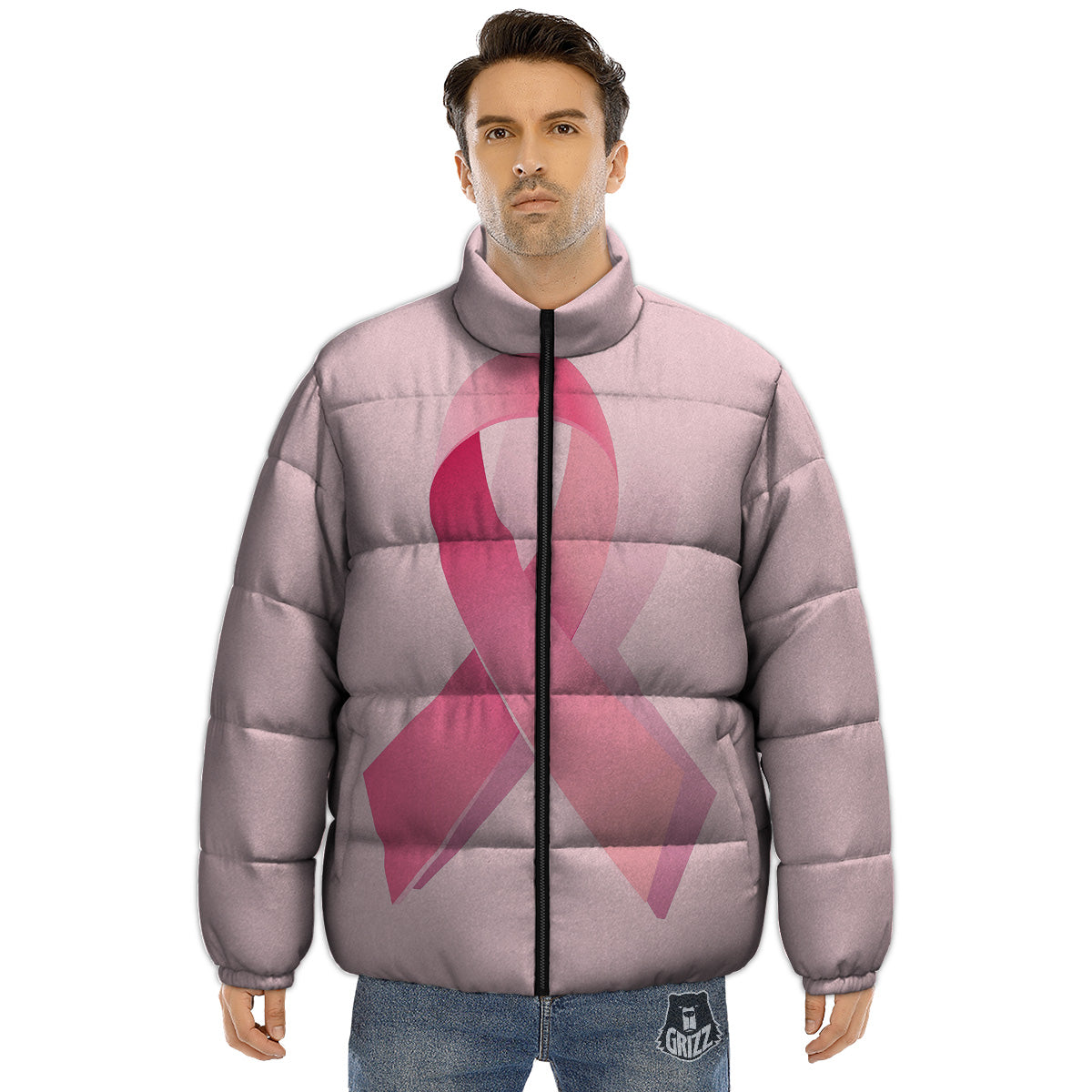 Breast Cancer Awareness Ribbon Print Puffer Jacket-grizzshop