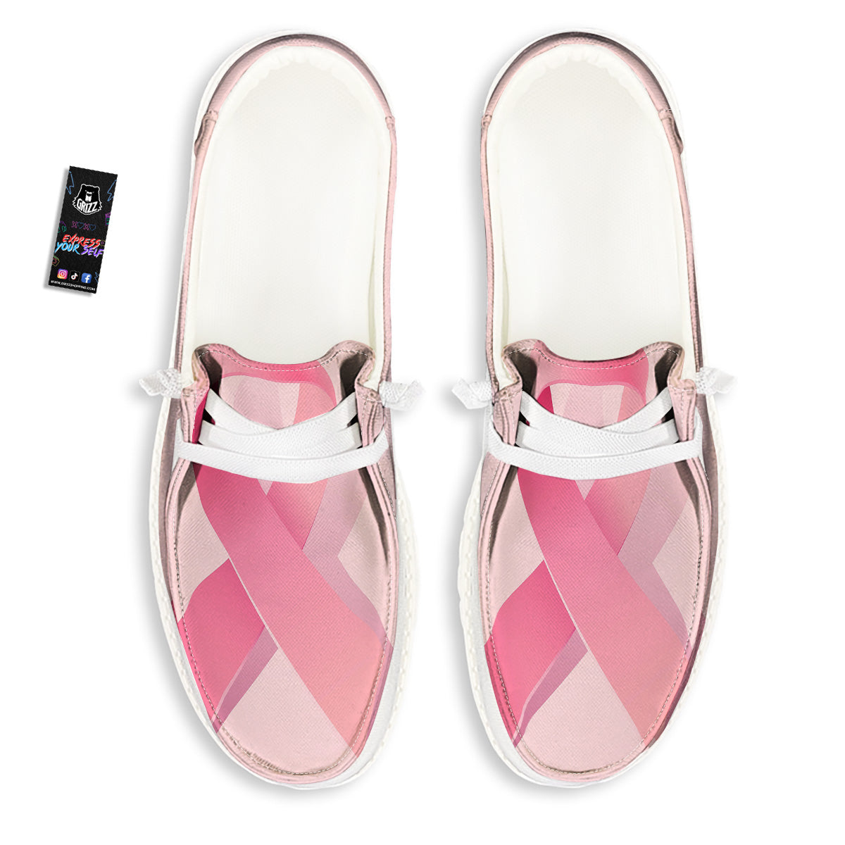 Breast Cancer Awareness Ribbon Print White Loafers-grizzshop