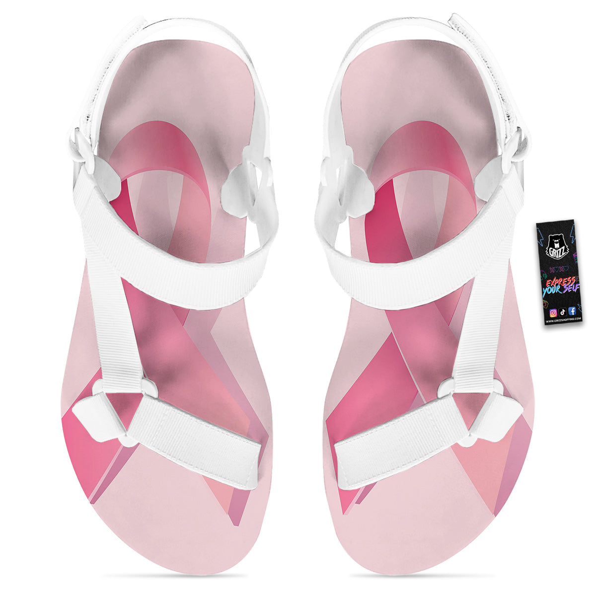 Breast Cancer Awareness Ribbon Print White Open Toe Sandals-grizzshop