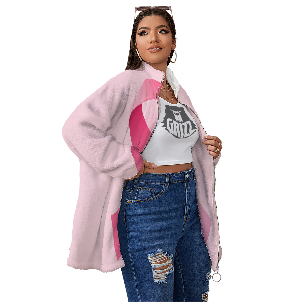 Breast Cancer Awareness Ribbon Print Women's Sherpa Jacket-grizzshop