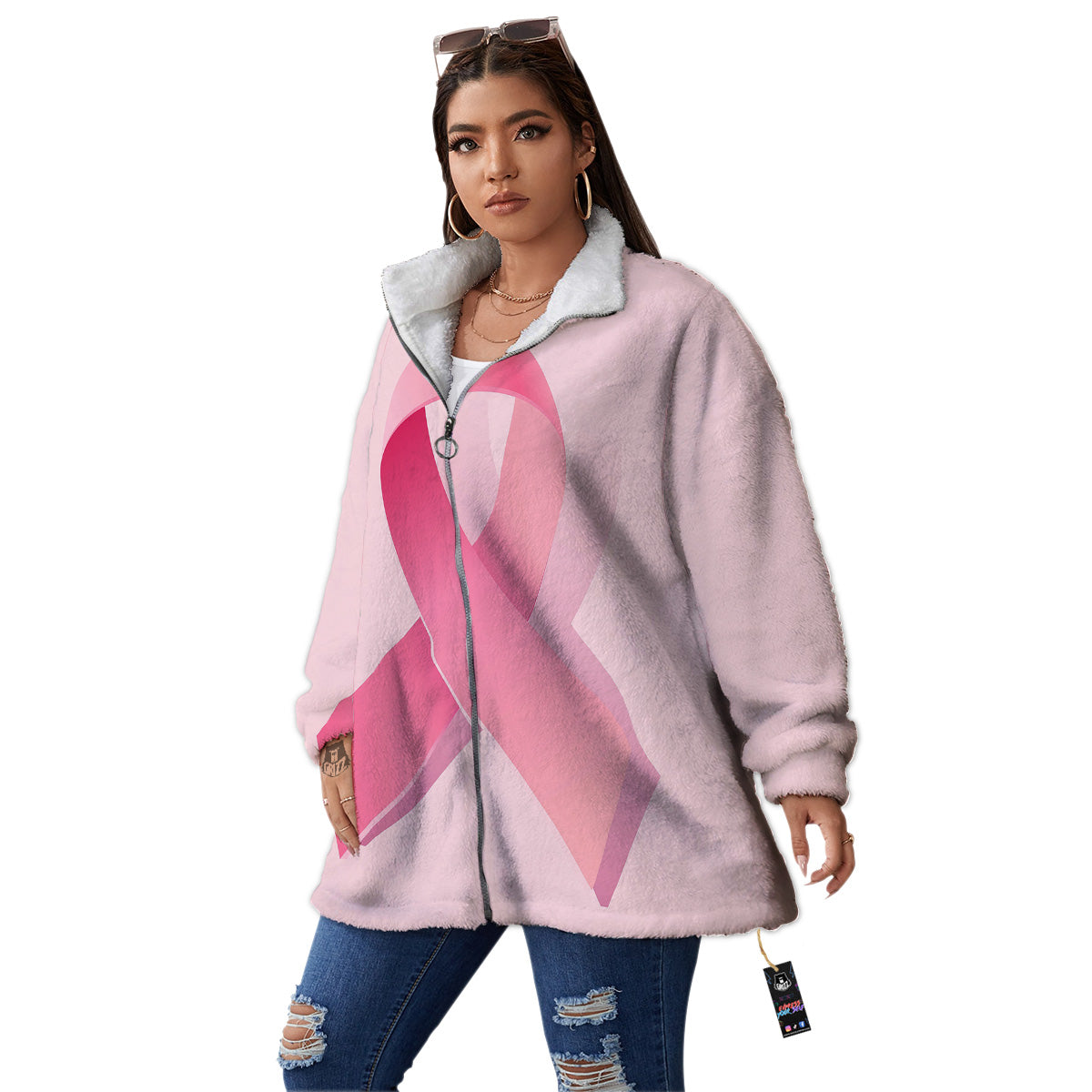 Breast Cancer Awareness Ribbon Print Women's Sherpa Jacket-grizzshop