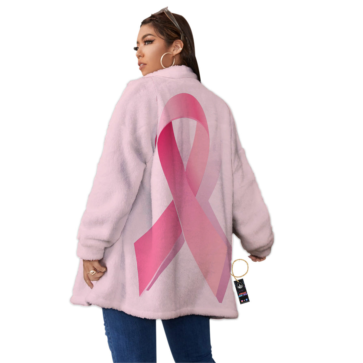 Breast Cancer Awareness Ribbon Print Women's Sherpa Jacket-grizzshop