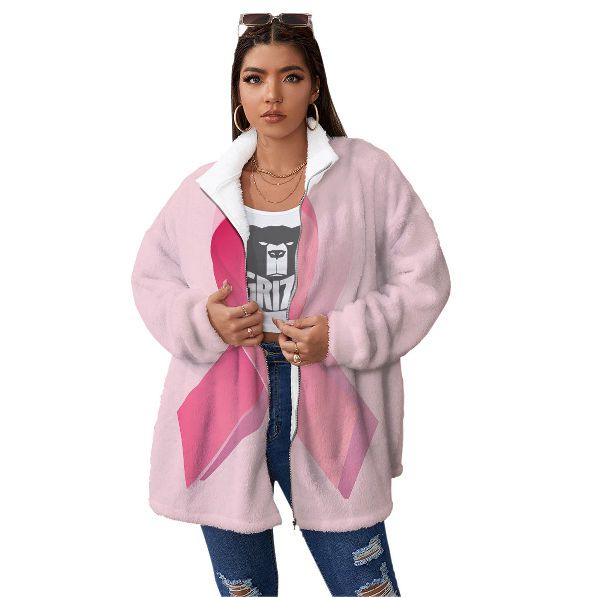 Breast Cancer Awareness Ribbon Print Women's Sherpa Jacket-grizzshop