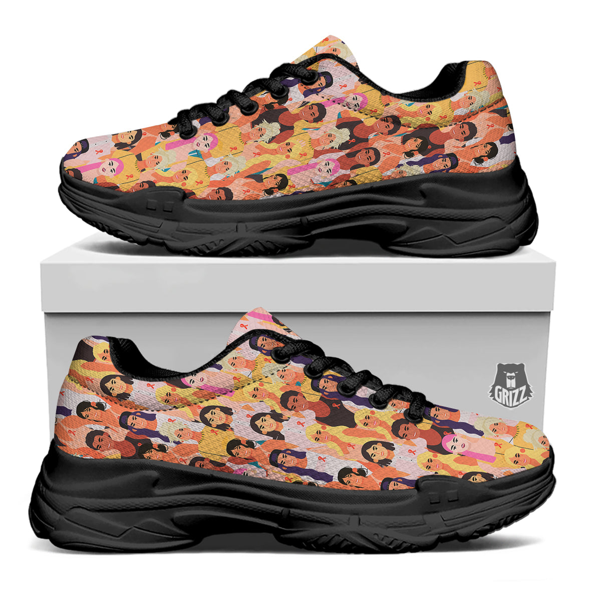 Breast Cancer Be Strong Print Pattern Black Chunky Shoes-grizzshop