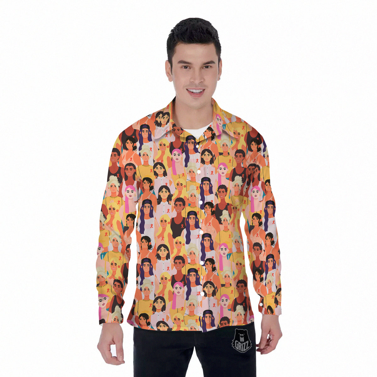 Breast Cancer Be Strong Print Pattern Men's Long Sleeve Shirts-grizzshop