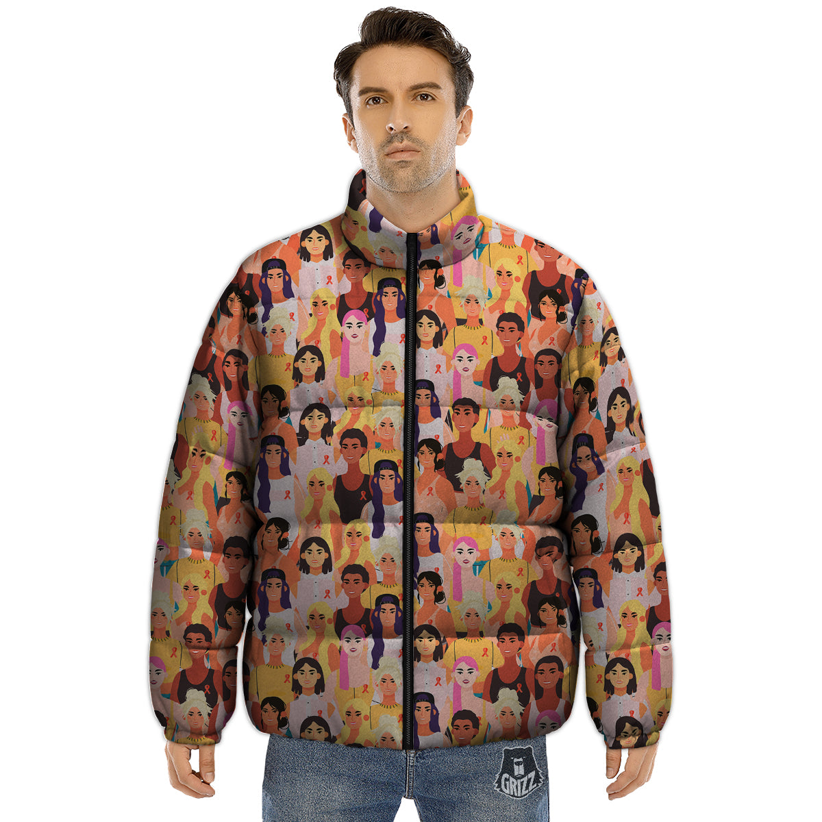 Breast Cancer Be Strong Print Pattern Puffer Jacket-grizzshop