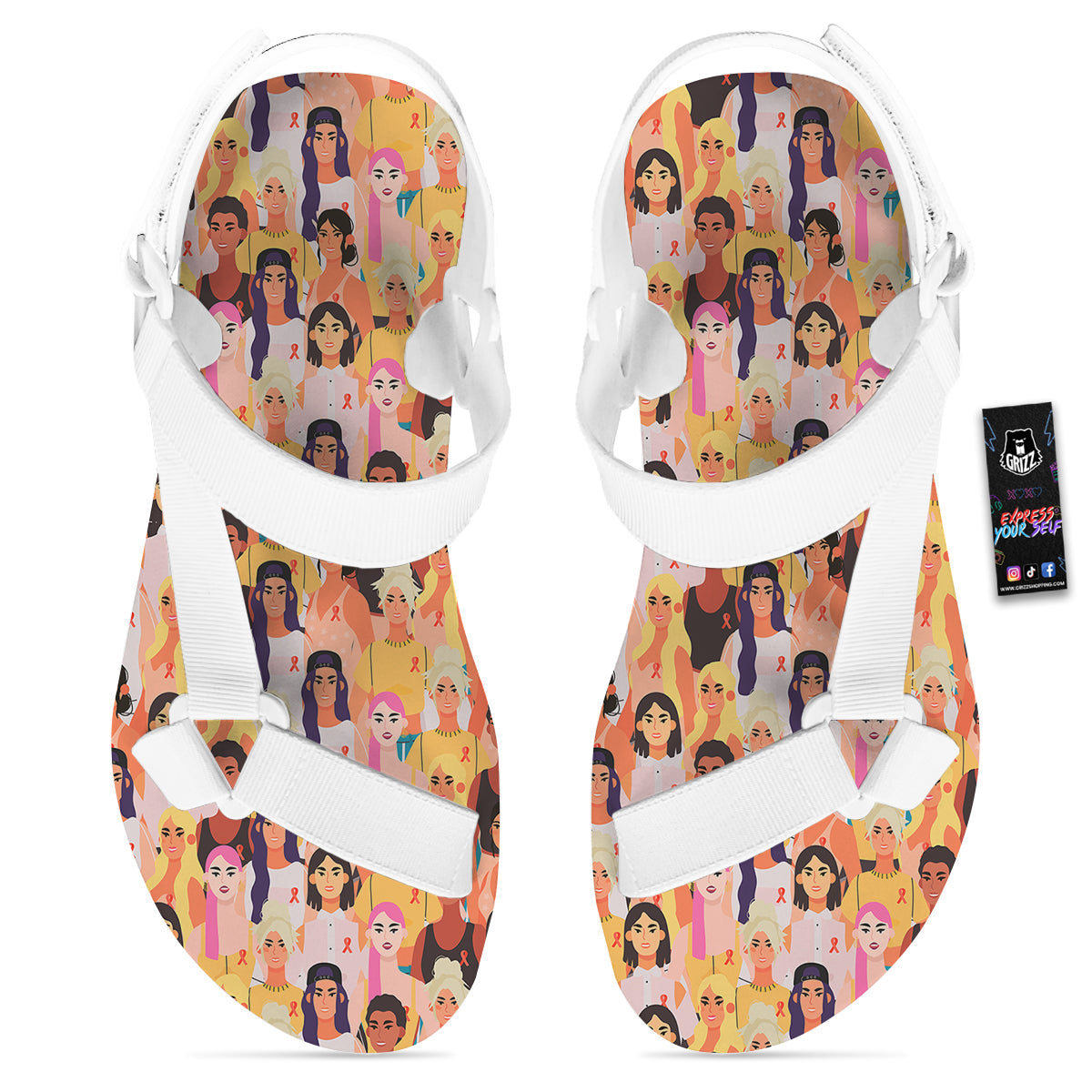Breast Cancer Be Strong Print Pattern White Open Toe Sandals-grizzshop