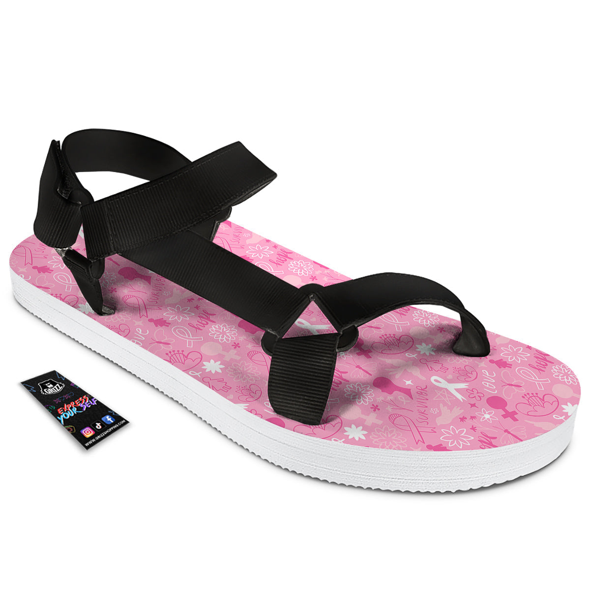Breast Cancer Cute Pink Print Pattern Cute Black Open Toe Sandals-grizzshop