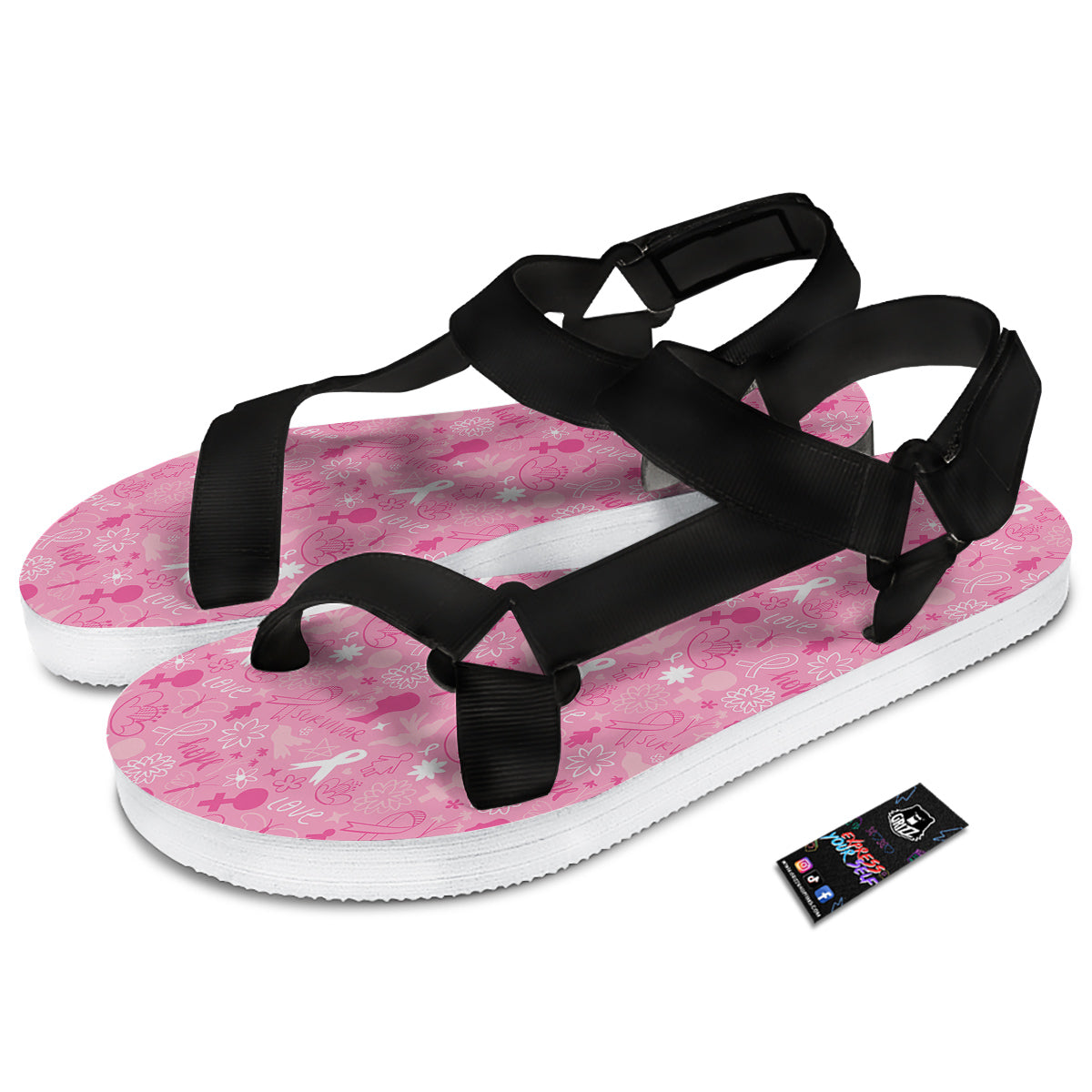 Breast Cancer Cute Pink Print Pattern Cute Black Open Toe Sandals-grizzshop