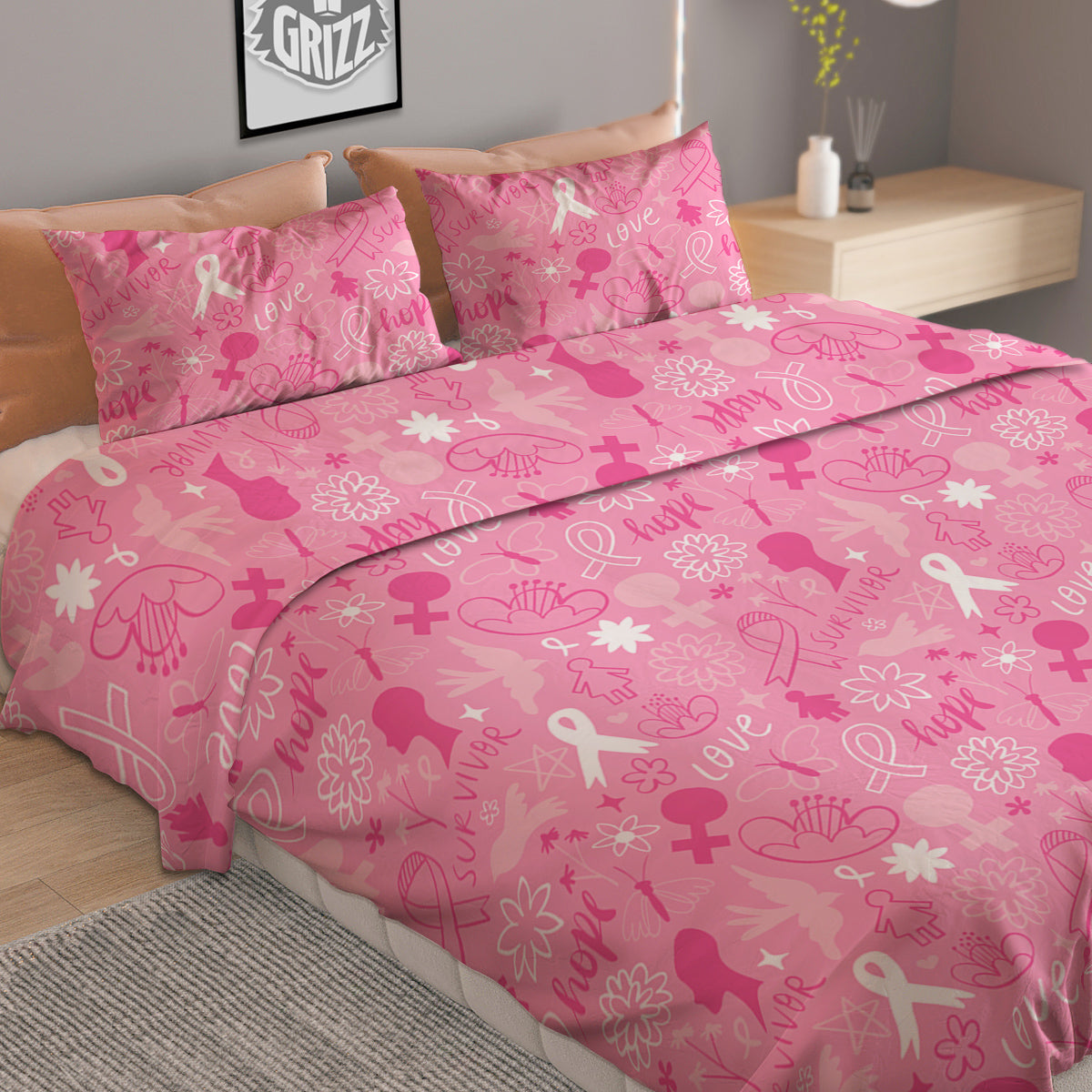Breast Cancer Cute Pink Print Pattern Cute Duvet Cover Bedding Set