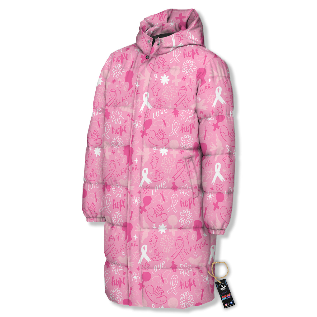 Breast Cancer Cute Pink Print Pattern Cute Long Down Jacket-grizzshop