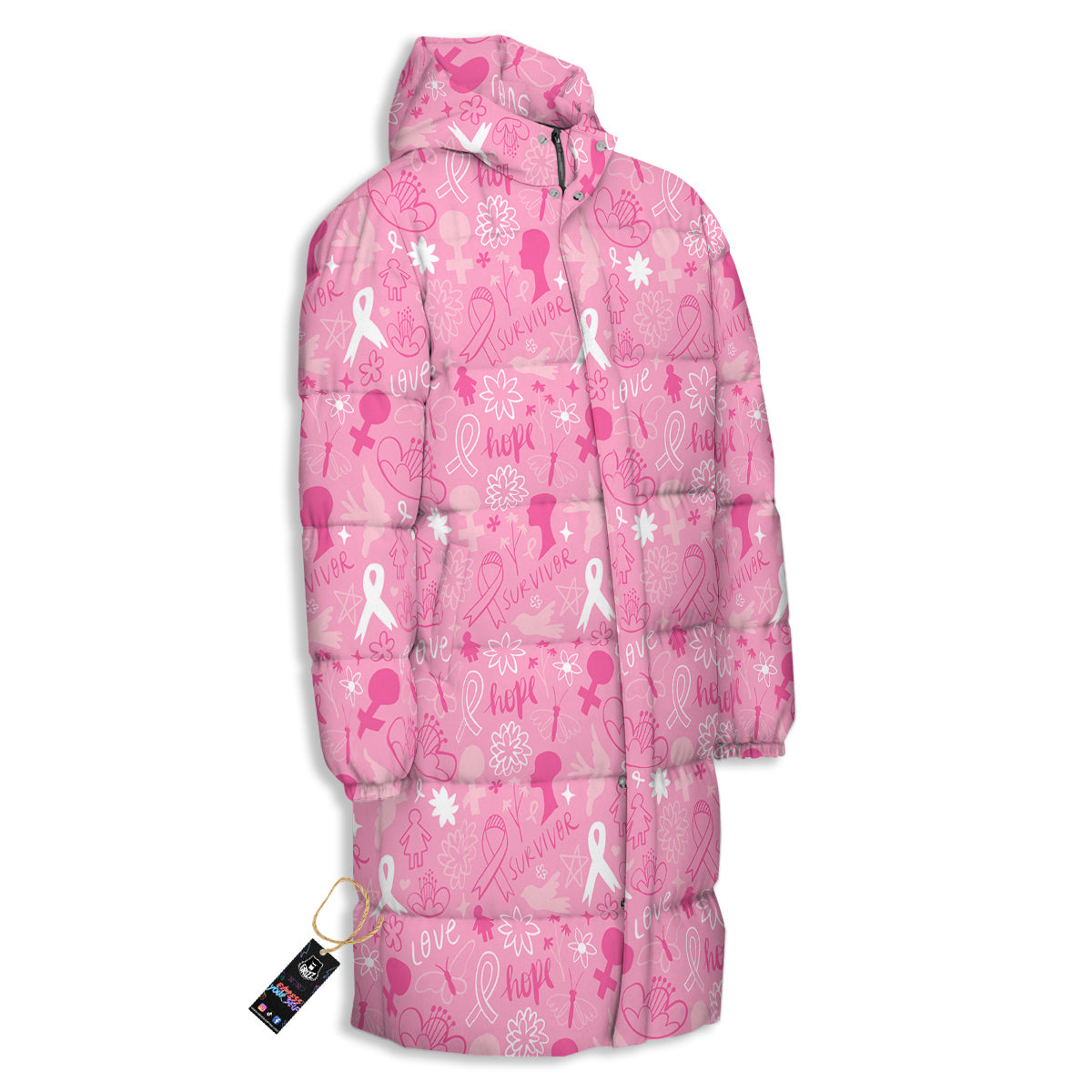Breast Cancer Cute Pink Print Pattern Cute Long Down Jacket-grizzshop