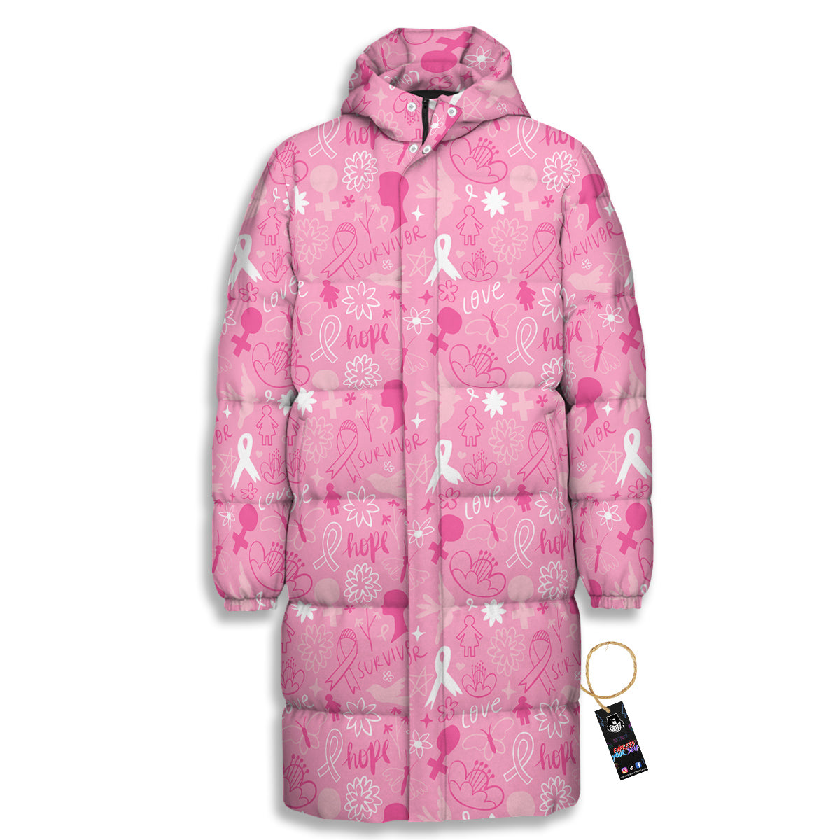 Breast Cancer Cute Pink Print Pattern Cute Long Down Jacket-grizzshop