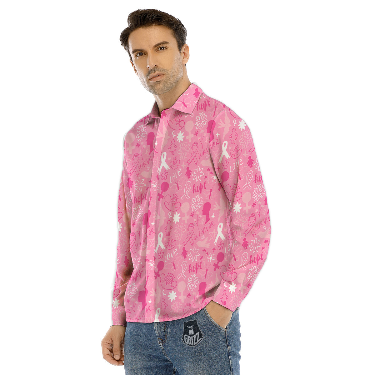 Breast Cancer Cute Pink Print Pattern Cute Men's Dress Shirts-grizzshop