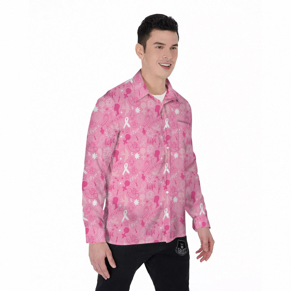 Breast Cancer Cute Pink Print Pattern Cute Men's Long Sleeve Shirts-grizzshop