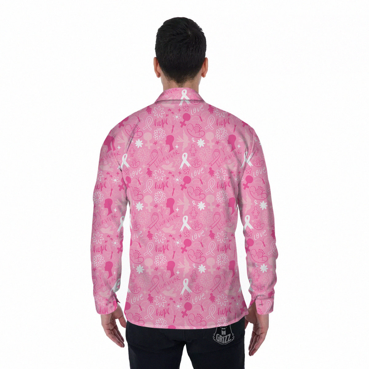 Breast Cancer Cute Pink Print Pattern Cute Men's Long Sleeve Shirts-grizzshop