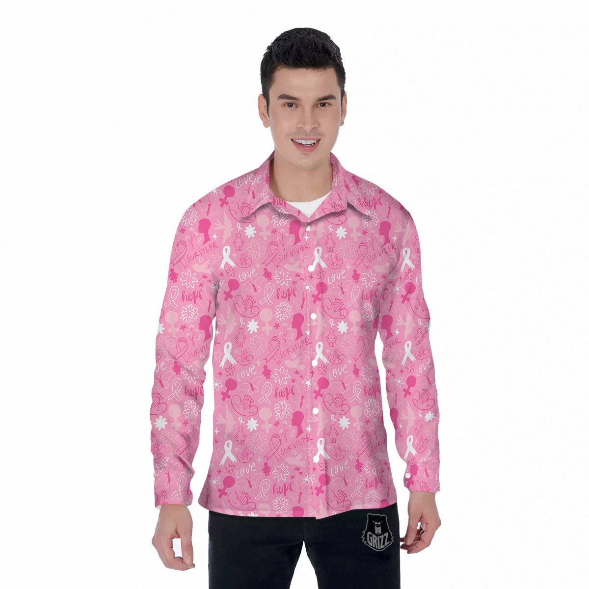 Breast Cancer Cute Pink Print Pattern Cute Men's Long Sleeve Shirts-grizzshop