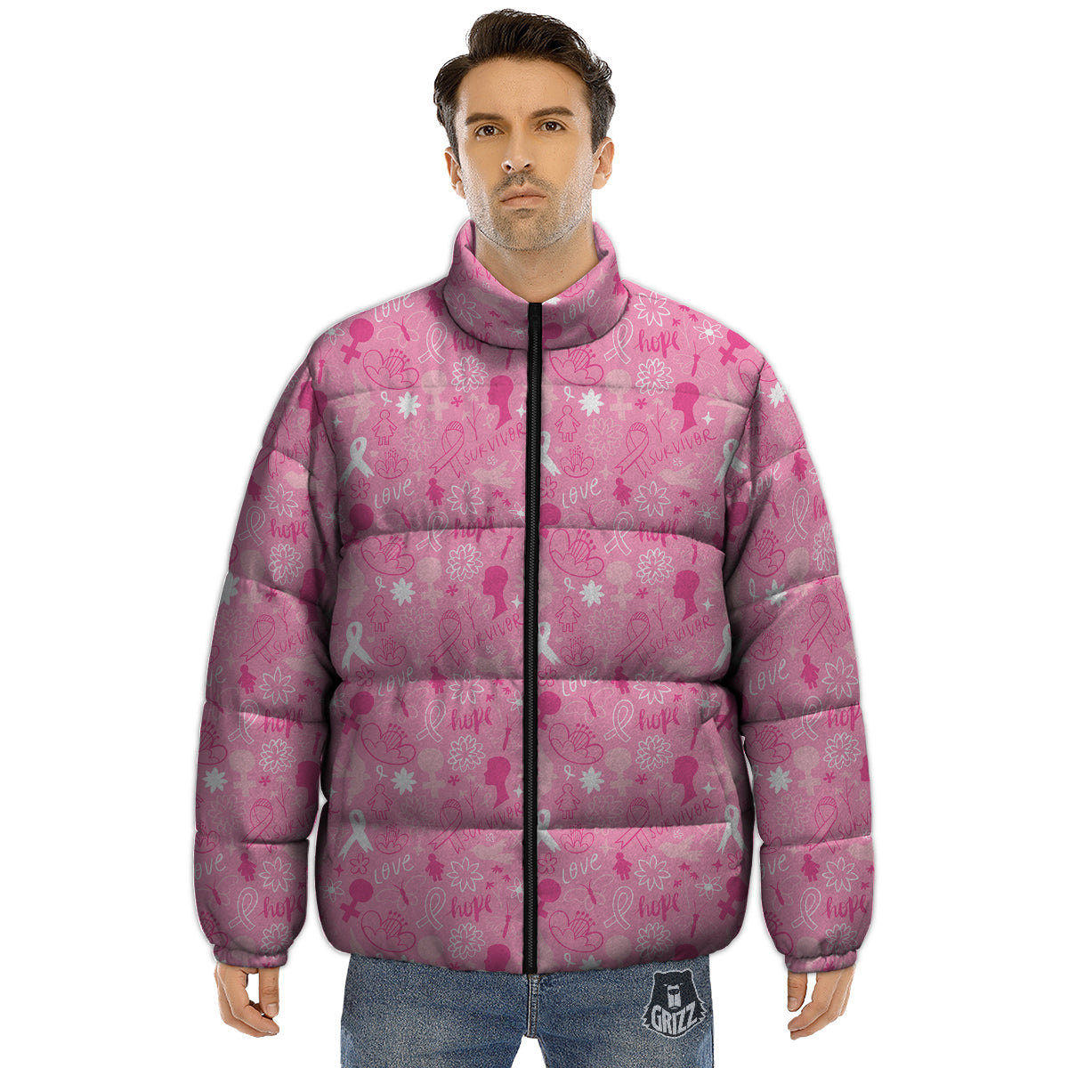 Breast Cancer Cute Pink Print Pattern Cute Puffer Jacket-grizzshop