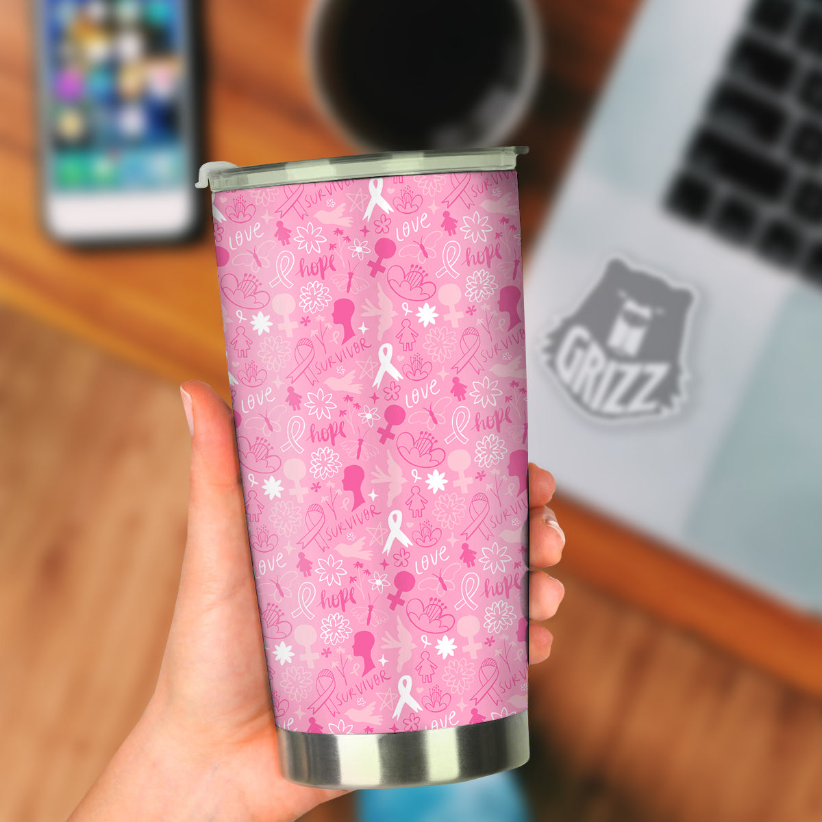 Breast Cancer Cute Pink Print Pattern Cute Tumbler-grizzshop