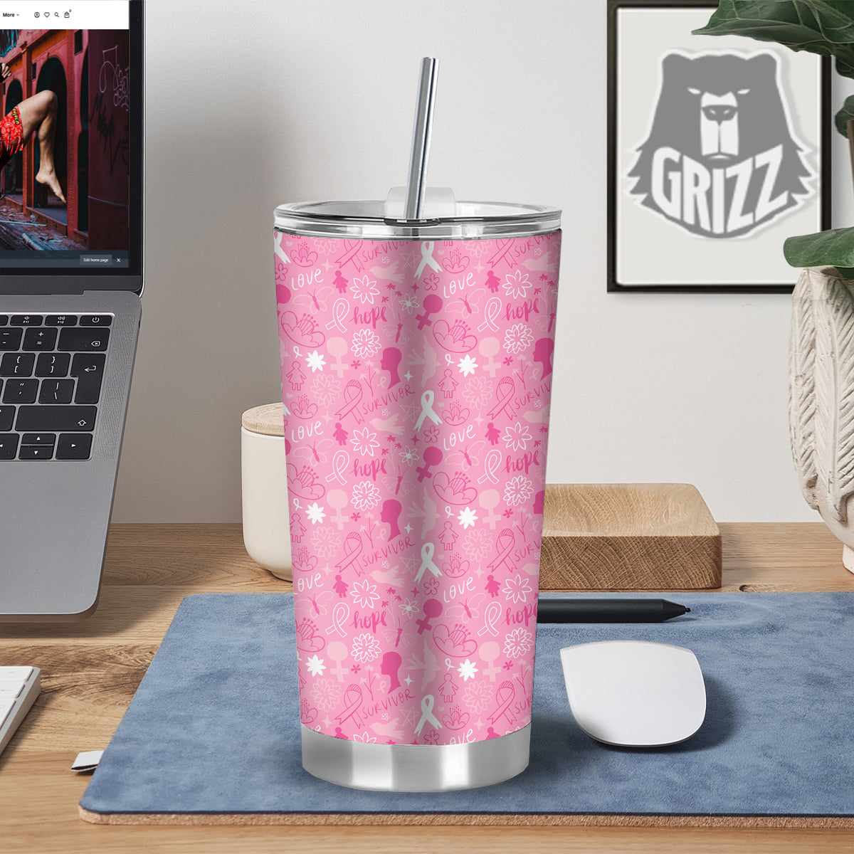 Breast Cancer Cute Pink Print Pattern Cute Tumbler-grizzshop