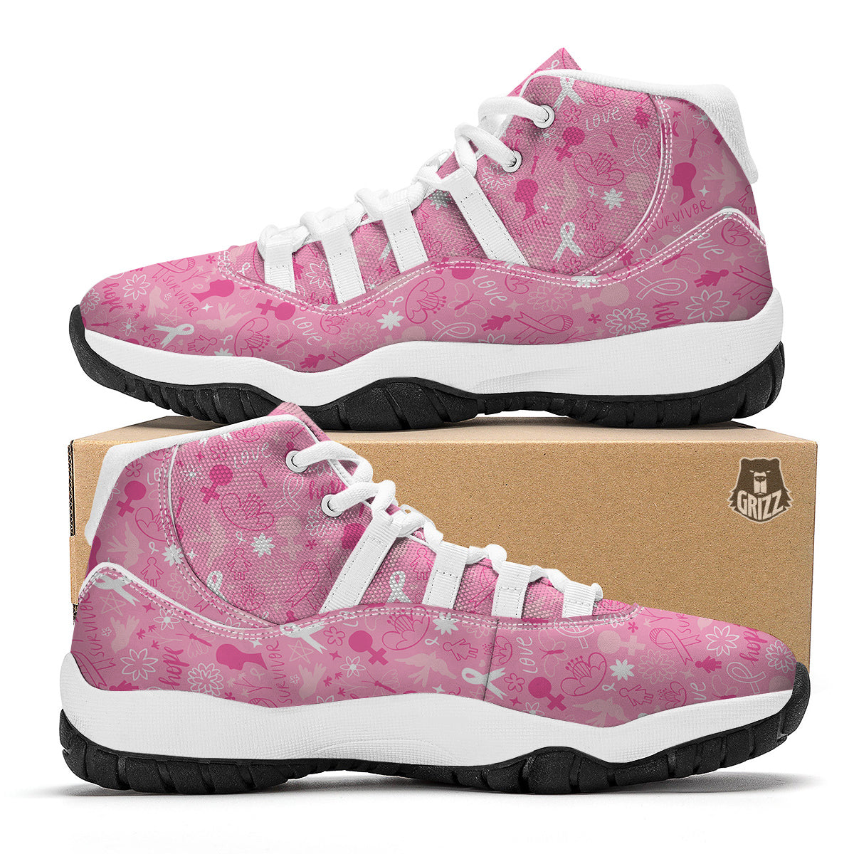 Breast Cancer Cute Pink Print Pattern Cute White Bball Shoes-grizzshop