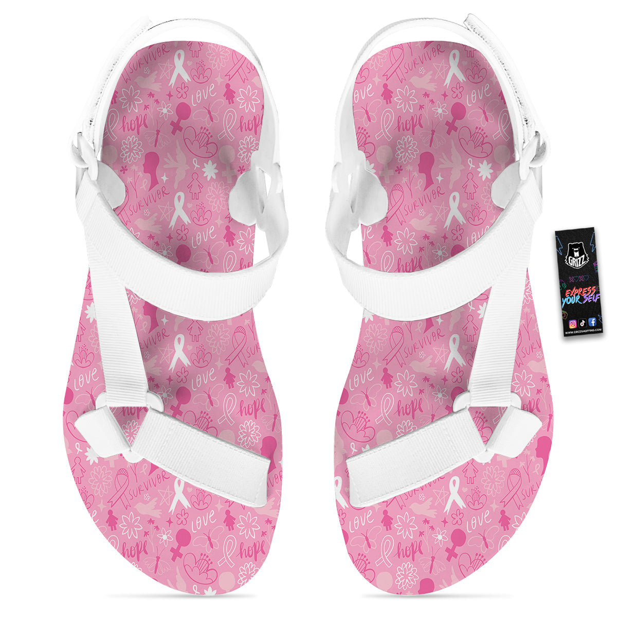 Breast Cancer Cute Pink Print Pattern Cute White Open Toe Sandals-grizzshop