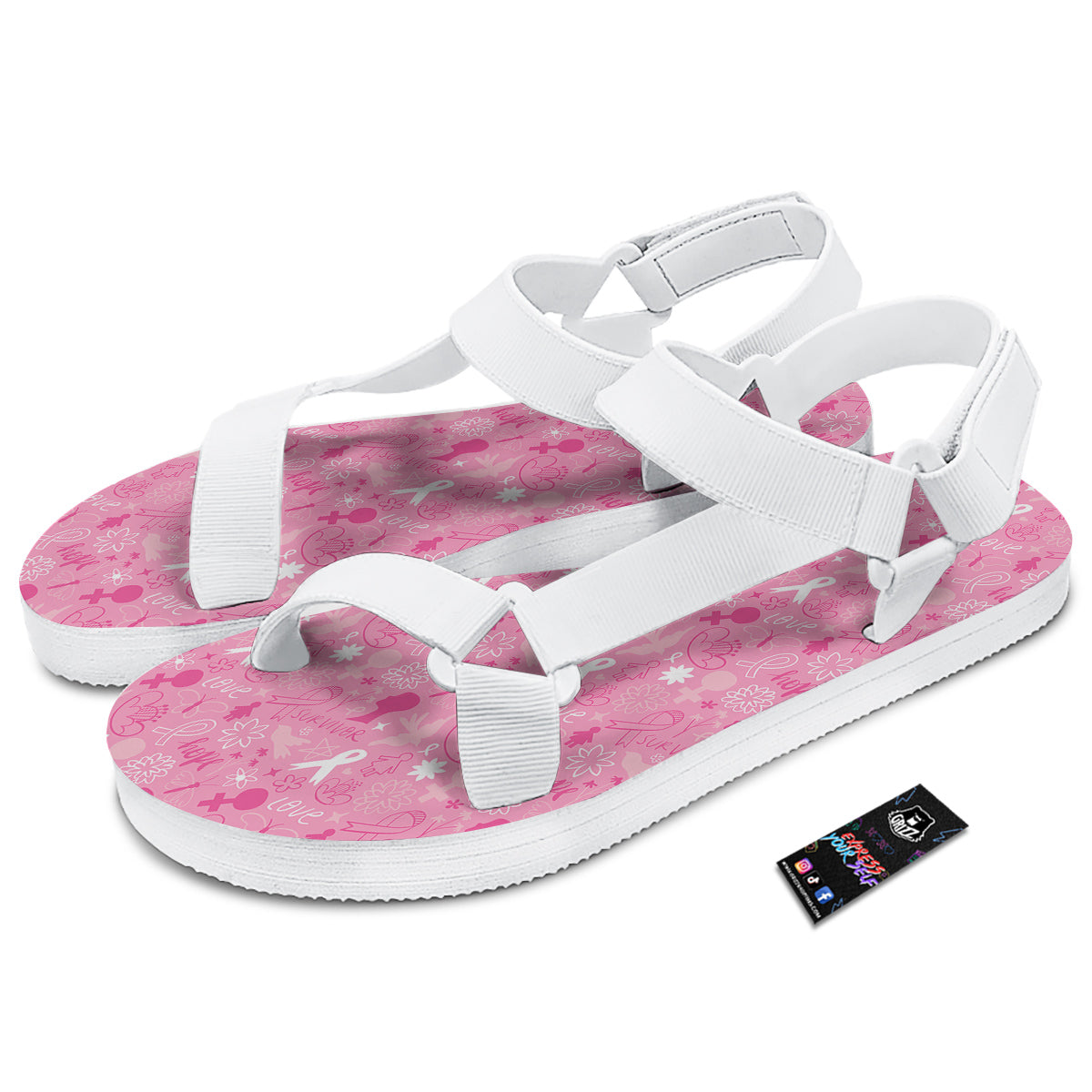 Breast Cancer Cute Pink Print Pattern Cute White Open Toe Sandals-grizzshop