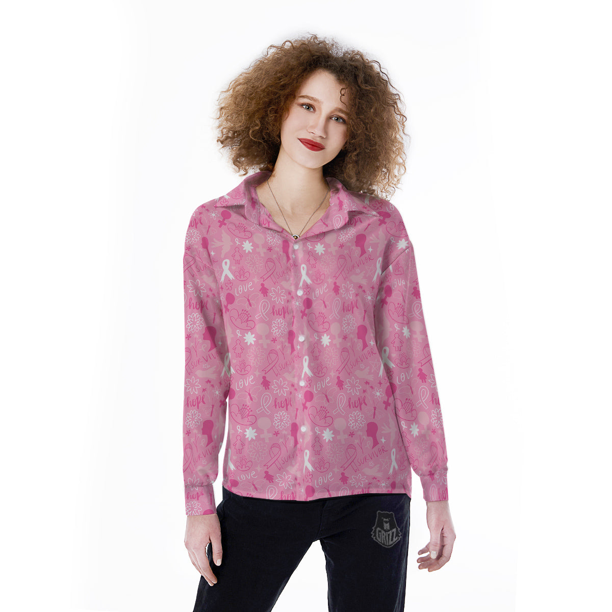 Breast Cancer Cute Pink Print Pattern Cute Women's Long Sleeve Shirts-grizzshop