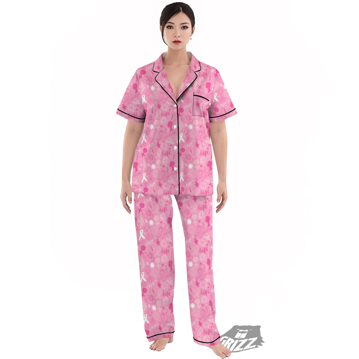 Breast Cancer Cute Pink Print Pattern Cute Women's Pajamas Set-grizzshop