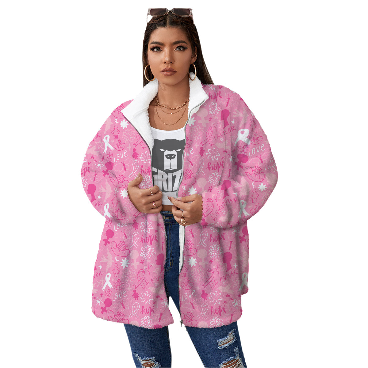 Breast Cancer Cute Pink Print Pattern Cute Women's Sherpa Jacket-grizzshop