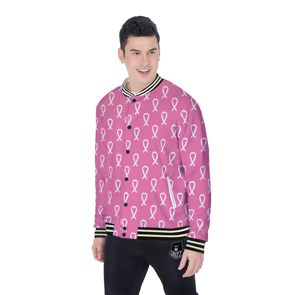 Breast Cancer Pink And White Print Pattern Baseball Jacket-grizzshop