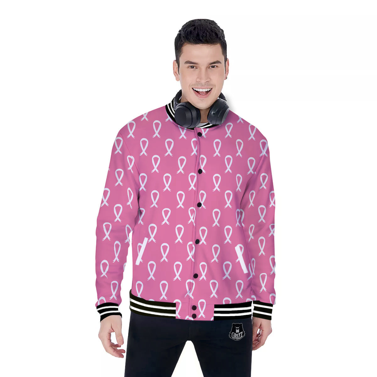 Breast Cancer Pink And White Print Pattern Baseball Jacket-grizzshop