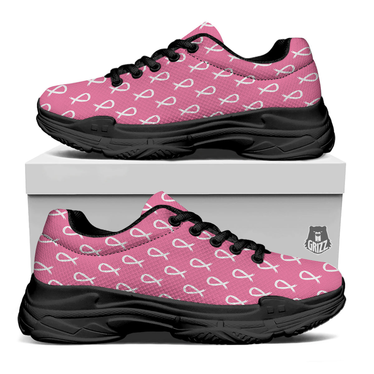 Breast Cancer Pink And White Print Pattern Black Chunky Shoes-grizzshop