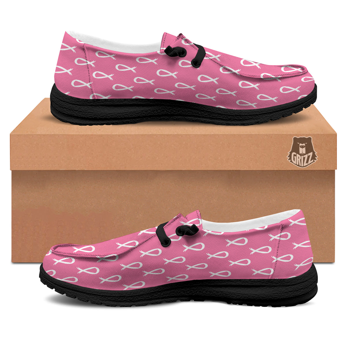Breast Cancer Pink And White Print Pattern Black Loafers-grizzshop