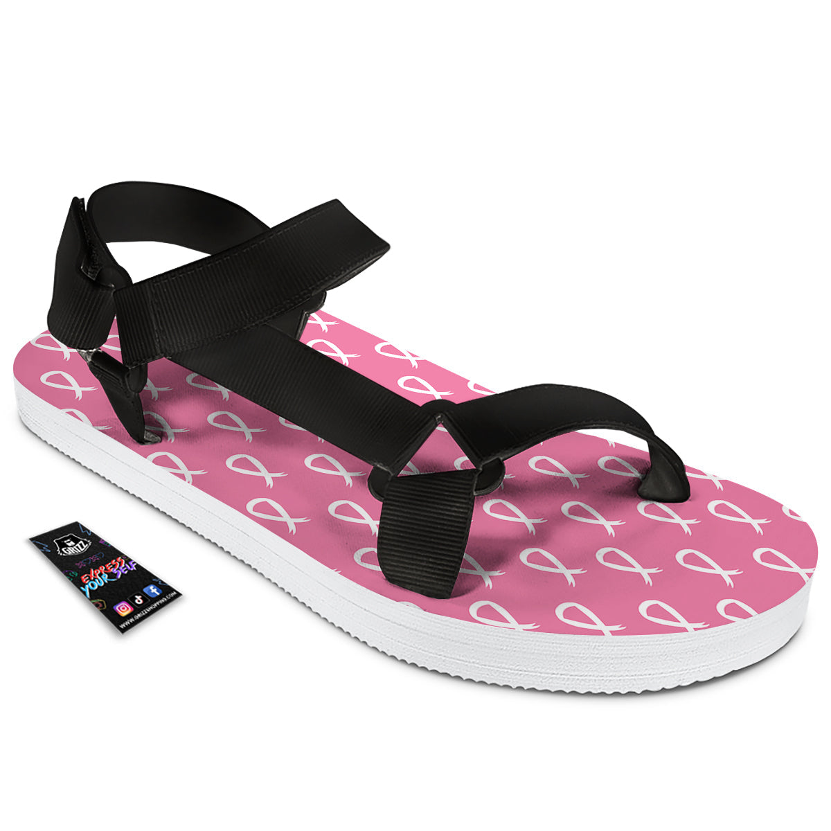 Breast Cancer Pink And White Print Pattern Black Open Toe Sandals-grizzshop