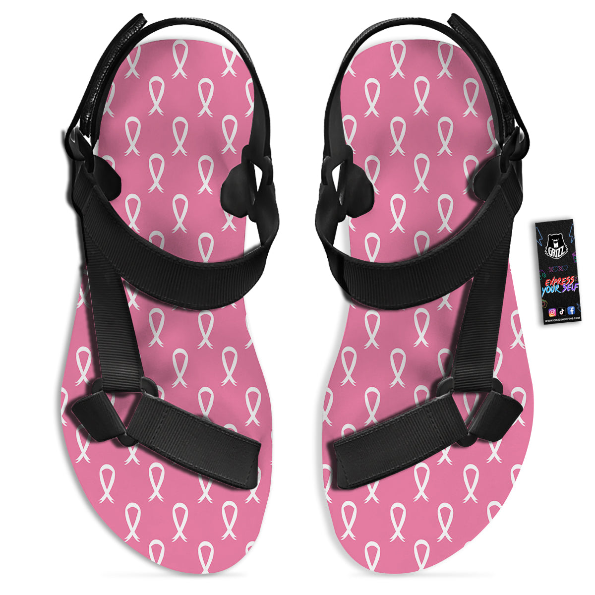 Breast Cancer Pink And White Print Pattern Black Open Toe Sandals-grizzshop