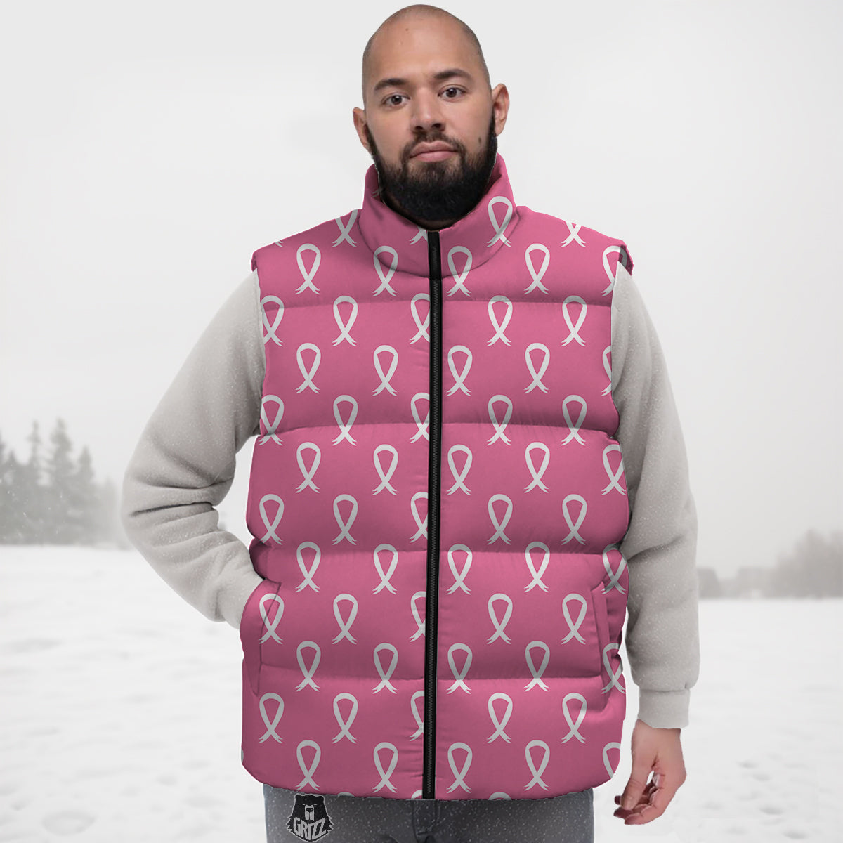 Breast Cancer Pink And White Print Pattern Down Vest