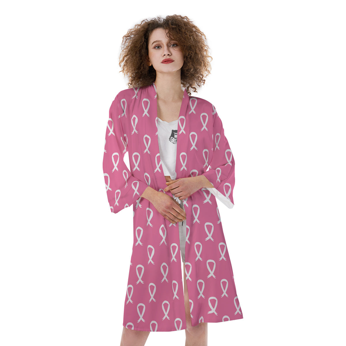 Breast Cancer Pink And White Print Pattern Kimono-grizzshop