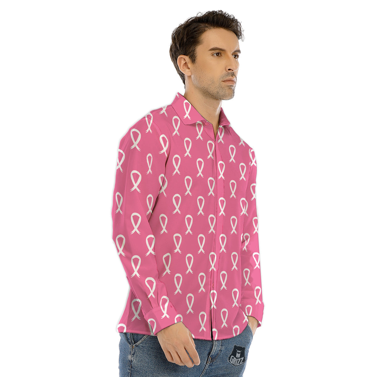 Breast Cancer Pink And White Print Pattern Men's Dress Shirts-grizzshop