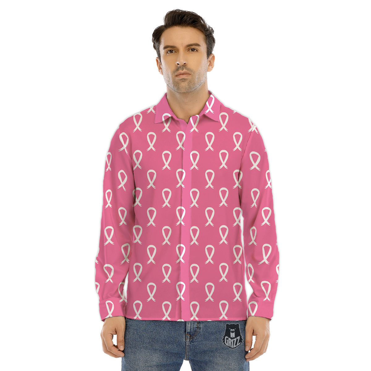 Breast Cancer Pink And White Print Pattern Men's Dress Shirts-grizzshop