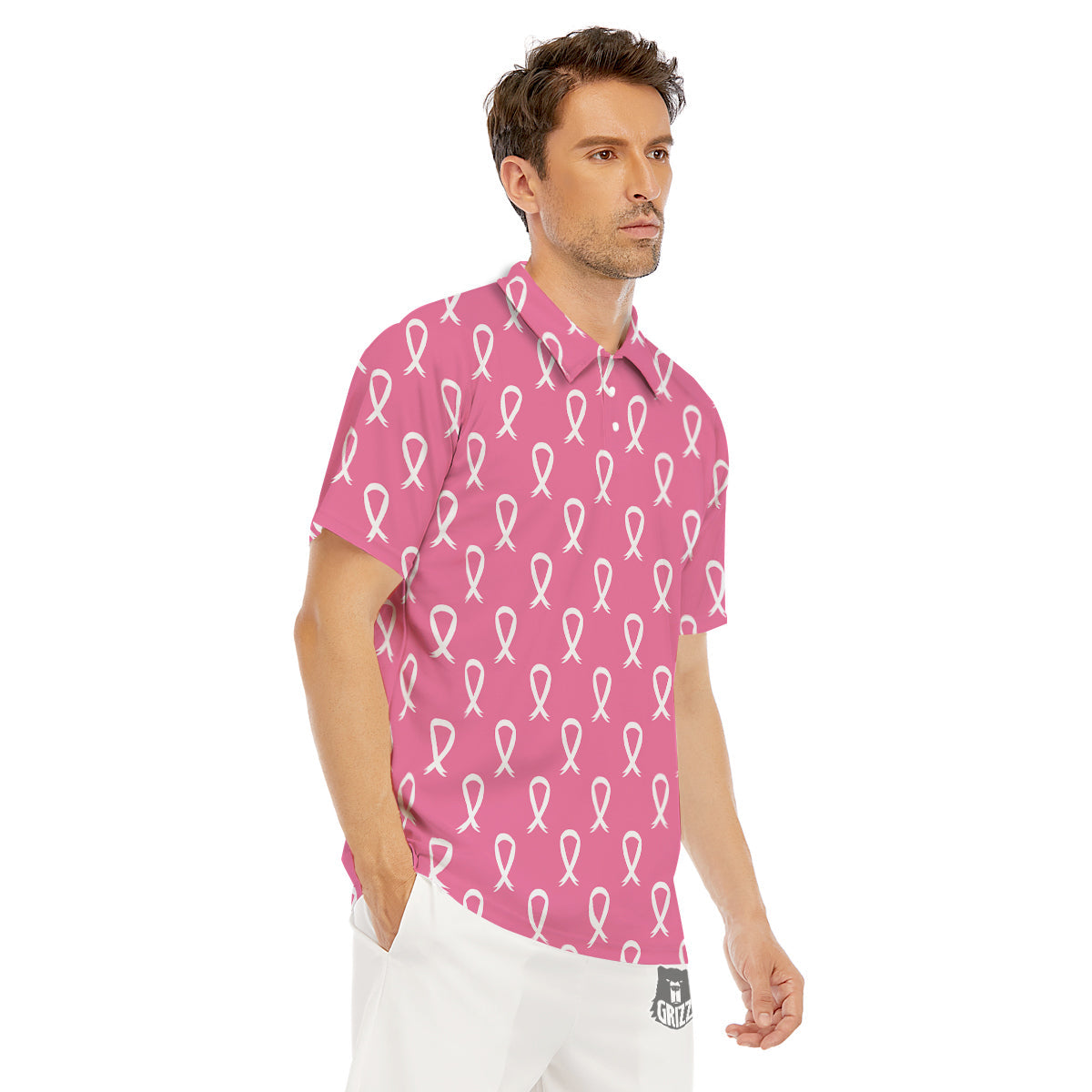 Breast Cancer Pink And White Print Pattern Men's Golf Shirts-grizzshop