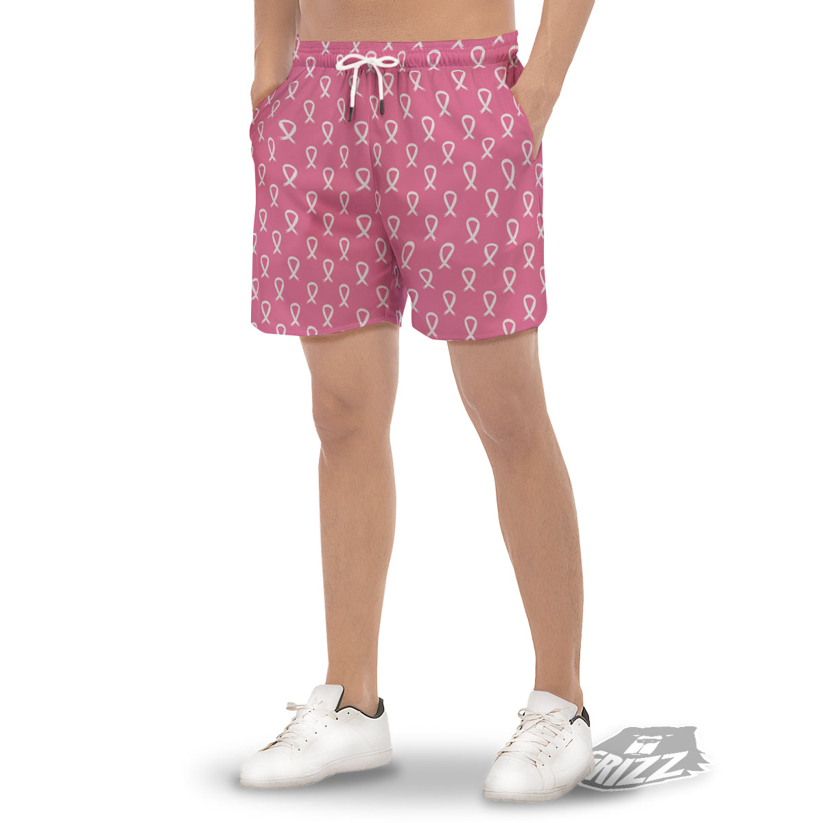 Breast Cancer Pink And White Print Pattern Men's Gym Shorts-grizzshop