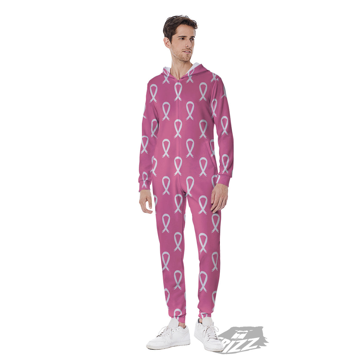 Breast Cancer Pink And White Print Pattern Men's Jumpsuit-grizzshop