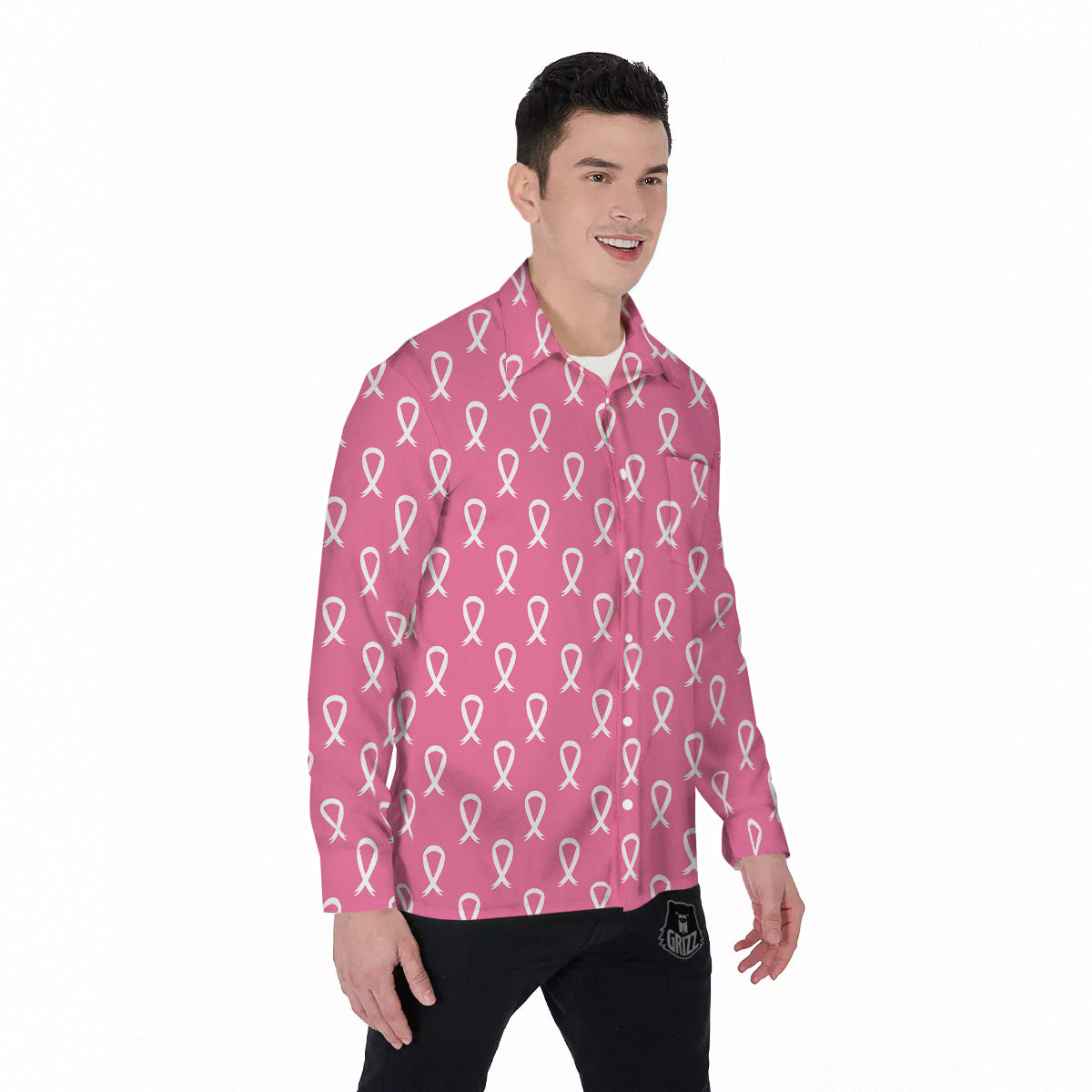 Breast Cancer Pink And White Print Pattern Men's Long Sleeve Shirts-grizzshop
