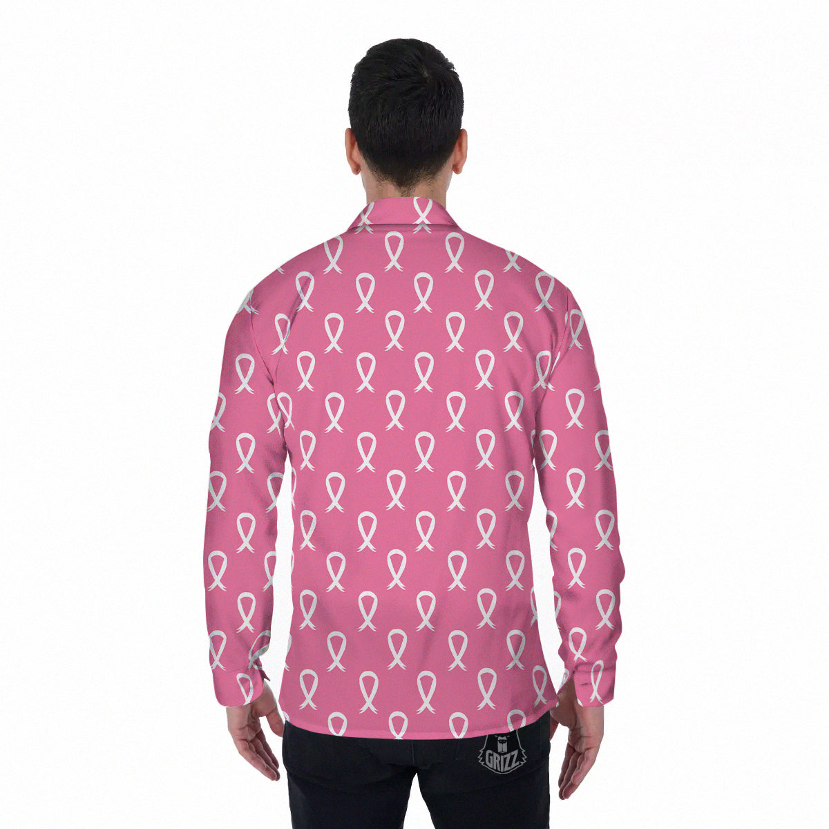 Breast Cancer Pink And White Print Pattern Men's Long Sleeve Shirts-grizzshop
