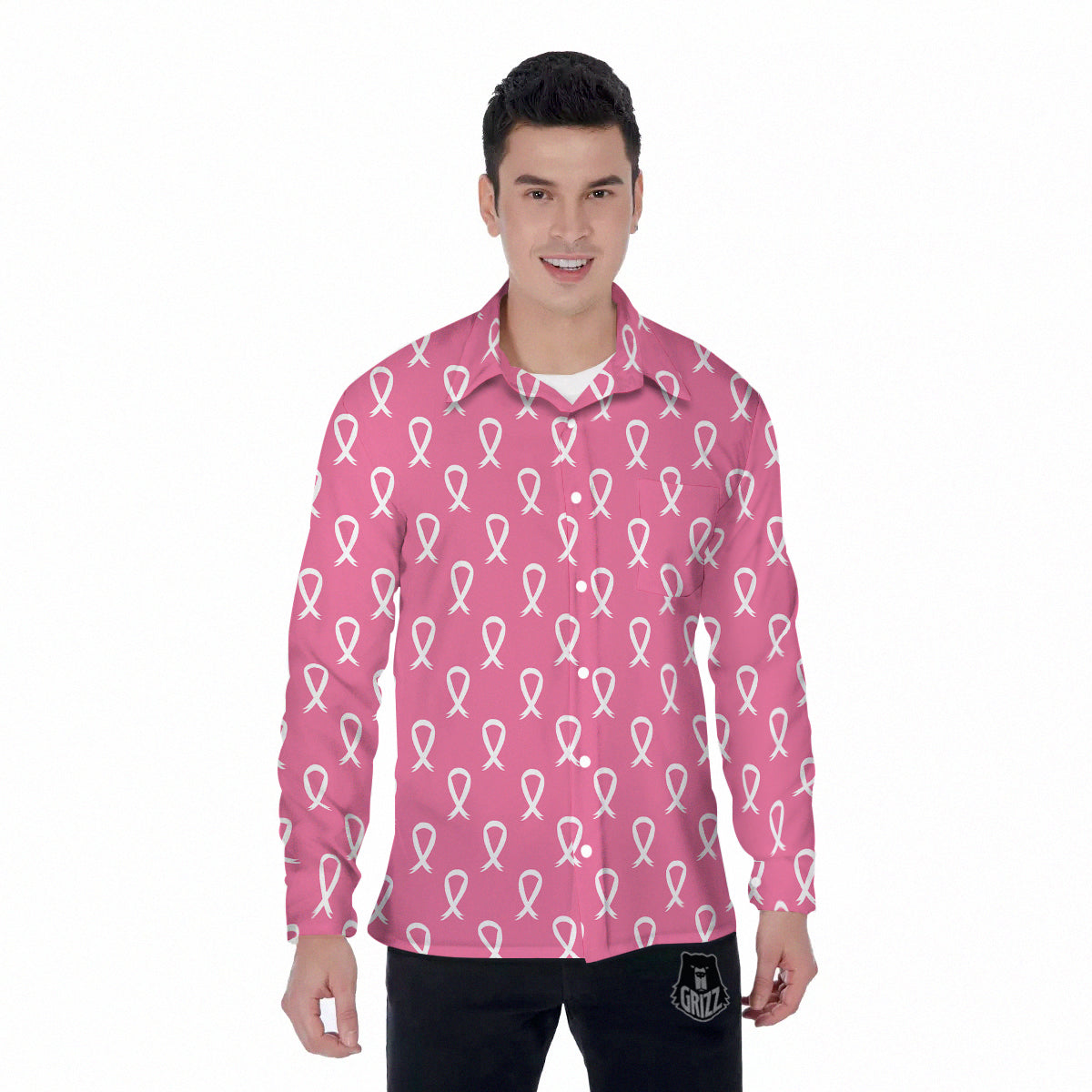Breast Cancer Pink And White Print Pattern Men's Long Sleeve Shirts-grizzshop