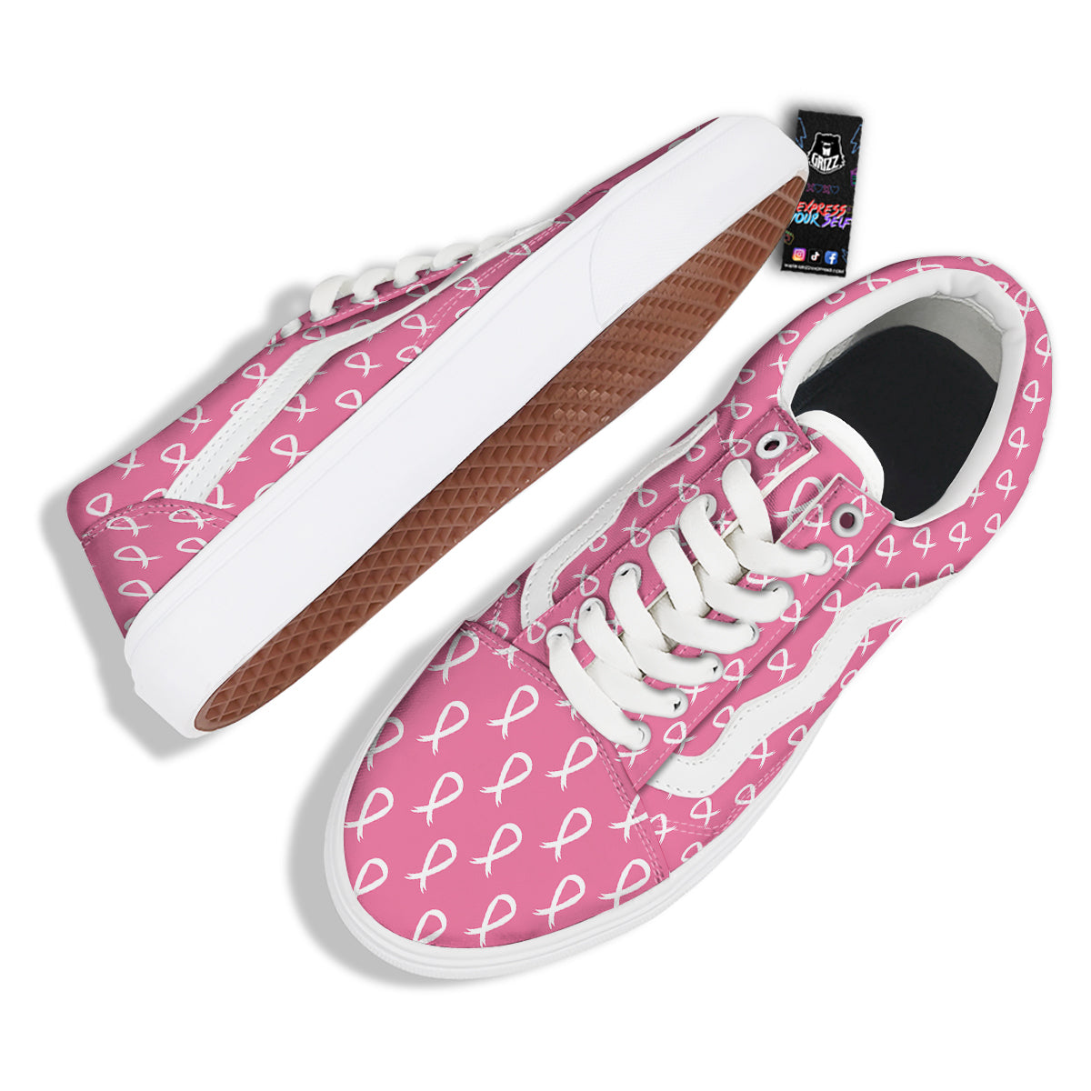 Breast Cancer Pink And White Print Pattern Skate Shoes-grizzshop