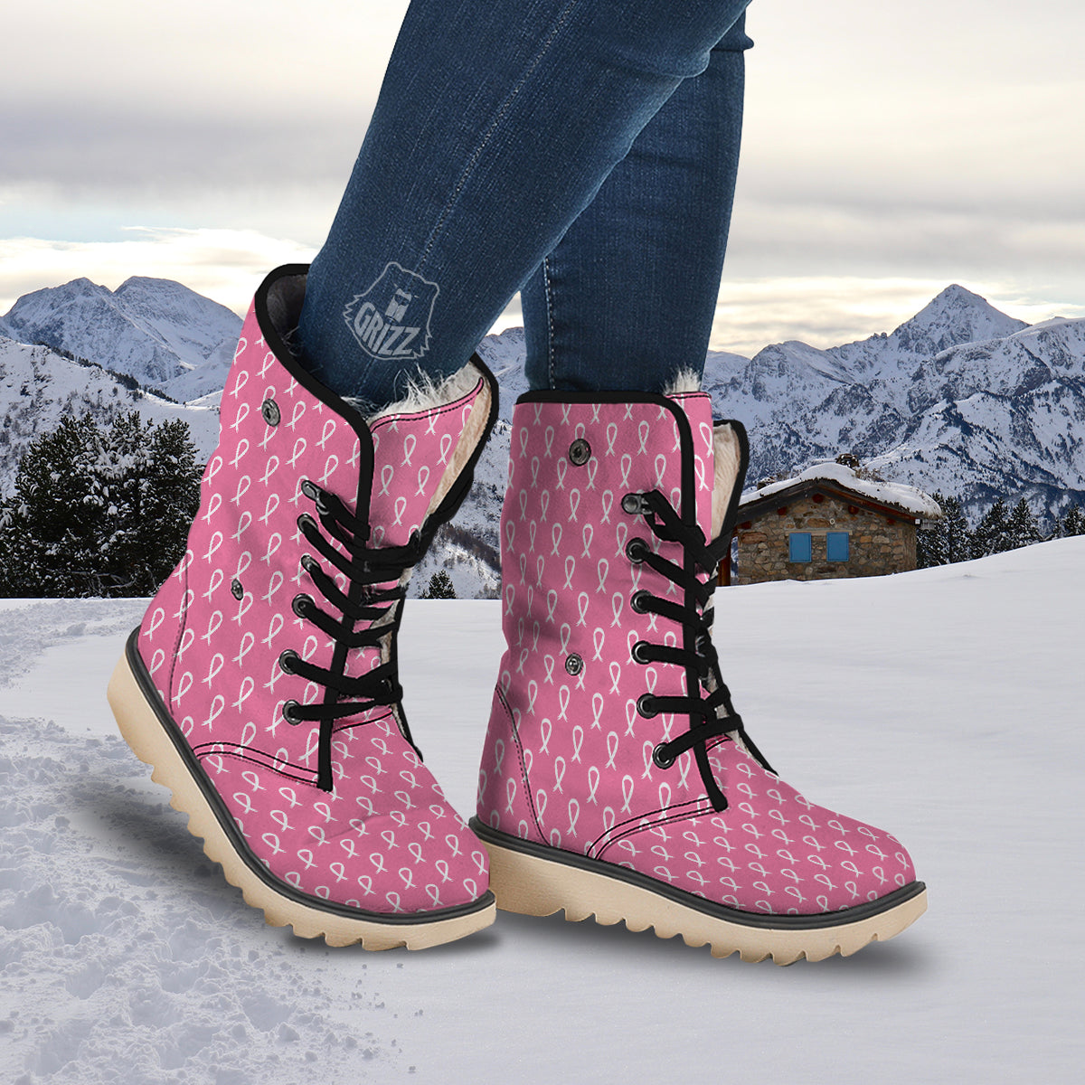 Breast Cancer Pink And White Print Pattern Snow Boots-grizzshop