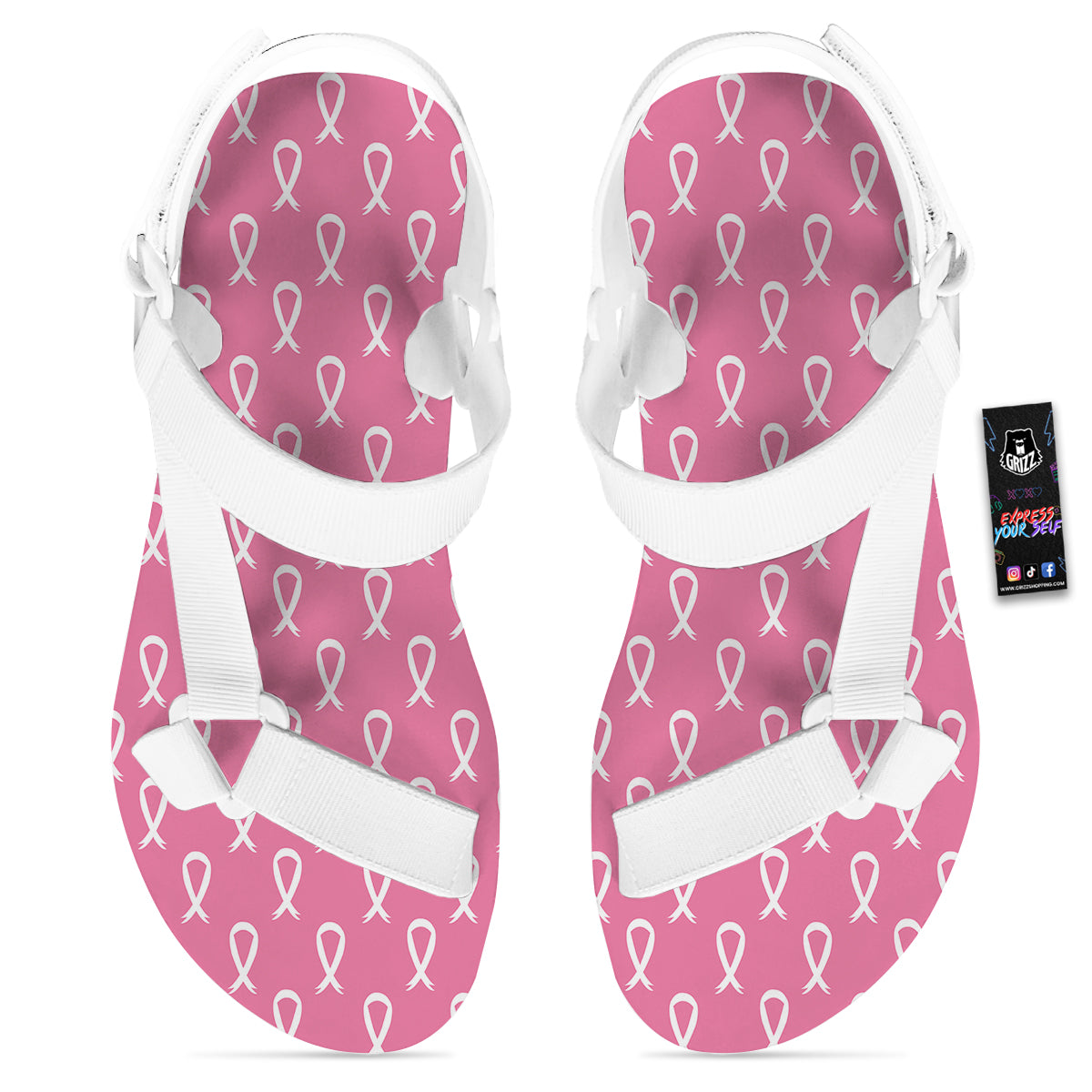 Breast Cancer Pink And White Print Pattern White Open Toe Sandals-grizzshop