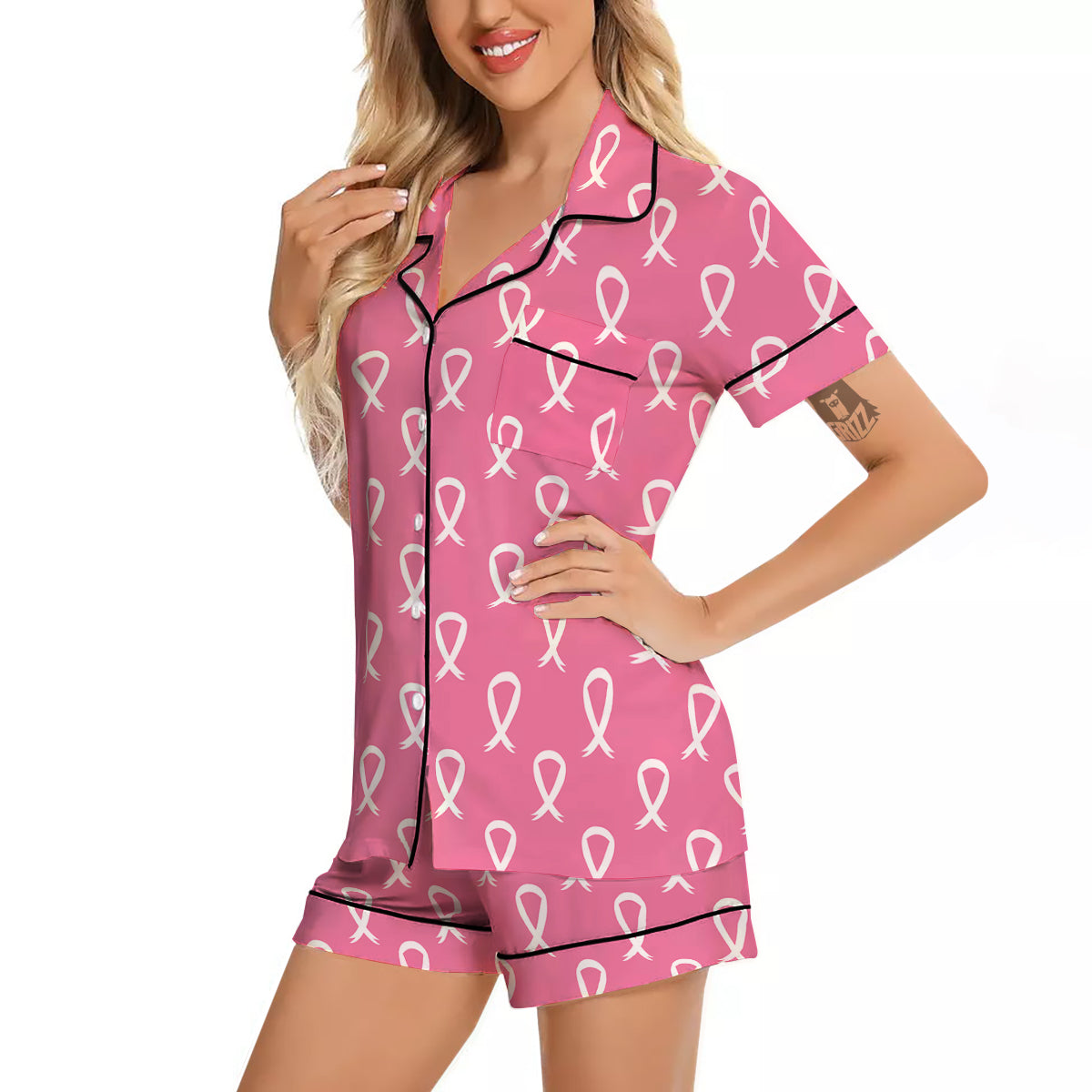 Breast Cancer Pink And White Print Pattern Women Silk Pajamas-grizzshop